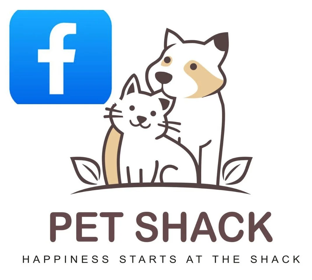 Logo for Pet Shack featuring a cartoon cat and dog with the Facebook logo, and the slogan 'Happiness starts at the shack'.