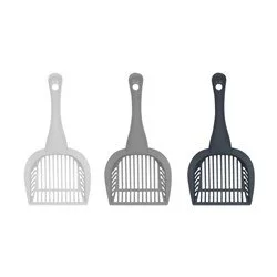 Three cat litter scoops in gray, dark gray, and black, arranged side by side.