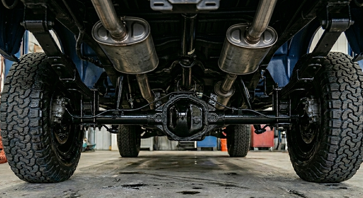 Underneath view of a lifted off-road vehicle showing the rear differential, suspension, tires, and exhaust system.