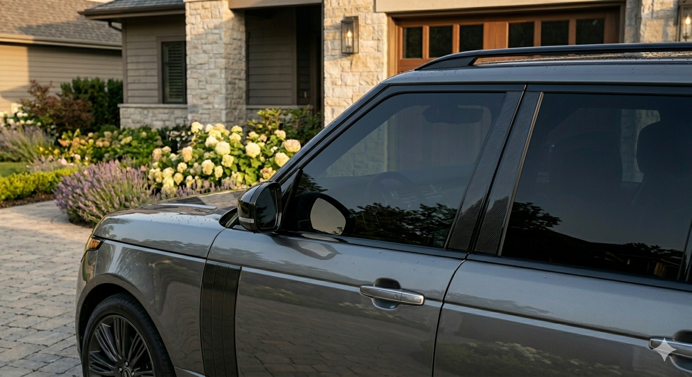 Close-up of a gray luxury SUV parked on a driveway in front of a house with stone and wood siding, surrounded by landscaped bushes and flowers.