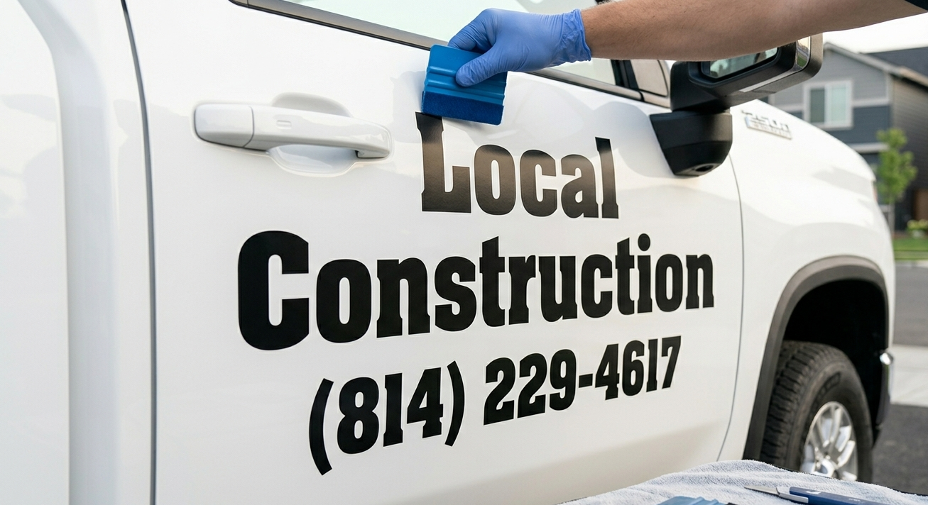 Person in blue gloves taping a black sign with the word 'Local' onto a white construction truck. The sign also displays the name 'Construction' and a phone number.