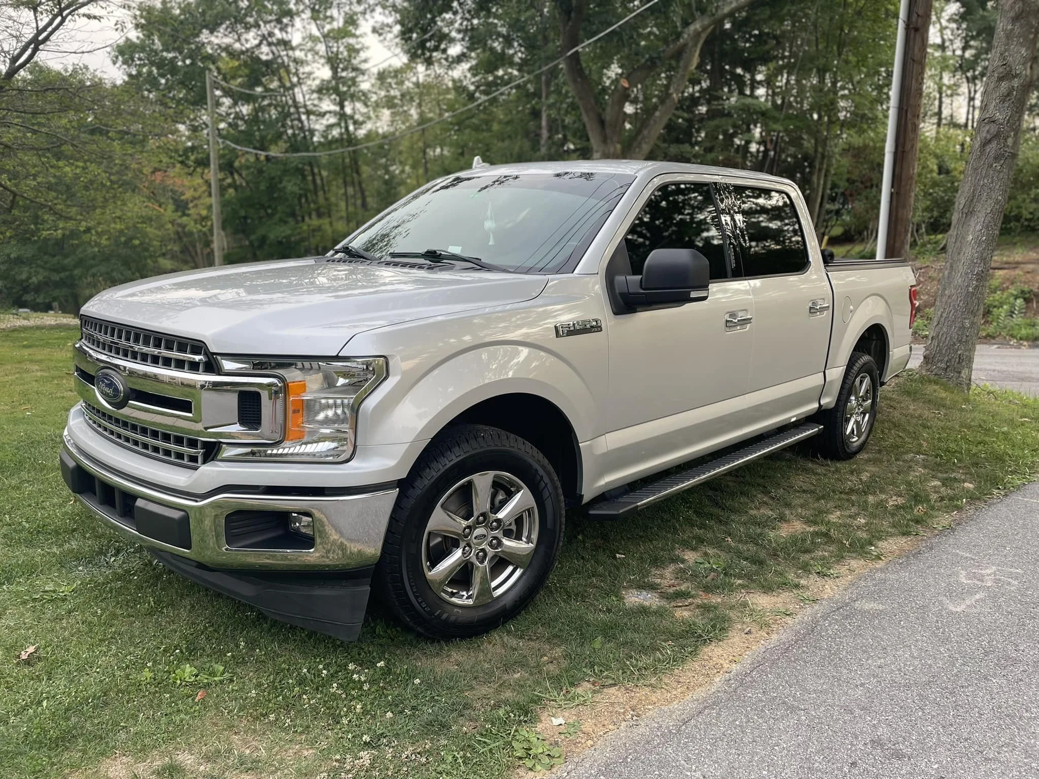 A white Ford F-150 pickup truck parked on a grassy area near trees and a driveway.