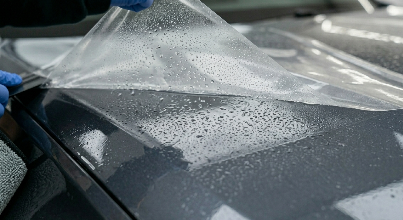 Paint protection film being applied to car hood to protect against rock chips and scratches