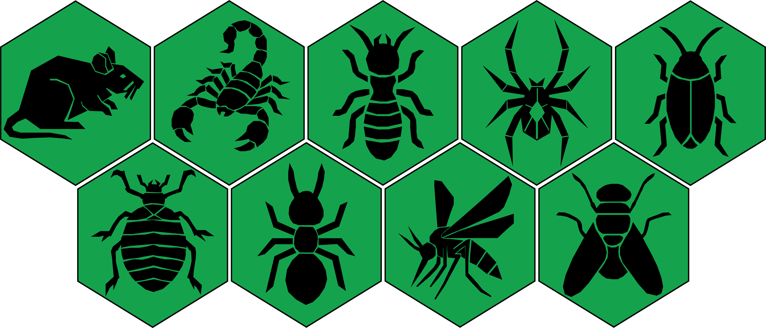 Black silhouettes of various insects, including a mouse, scorpion, ant, crab, spider, beetle, centipede, butterfly, and wasp, on green hexagonal backgrounds.