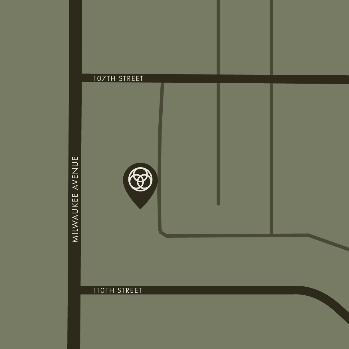 Map showing a location near Milwaukee Avenue, 107th Street, and 110th Street, with a marked point of interest at the intersection of Milwaukee Avenue and 107th Street.