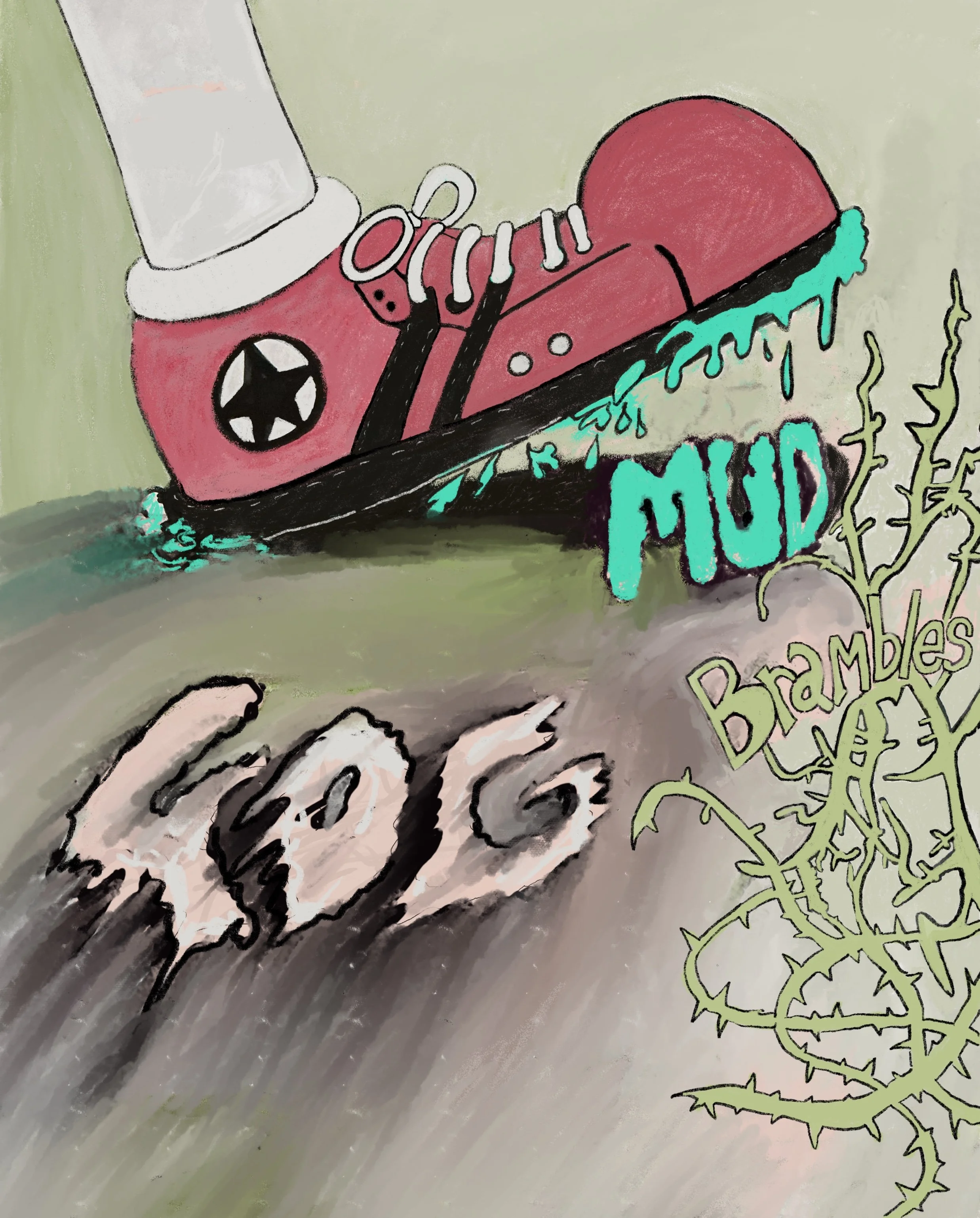 A pink skateboard with a black star logo on the side, being pushed across the ground by a person with white shoes, with splashes of water beneath. Green graffiti with the word 'MUD' is partially visible on the right side of the image.