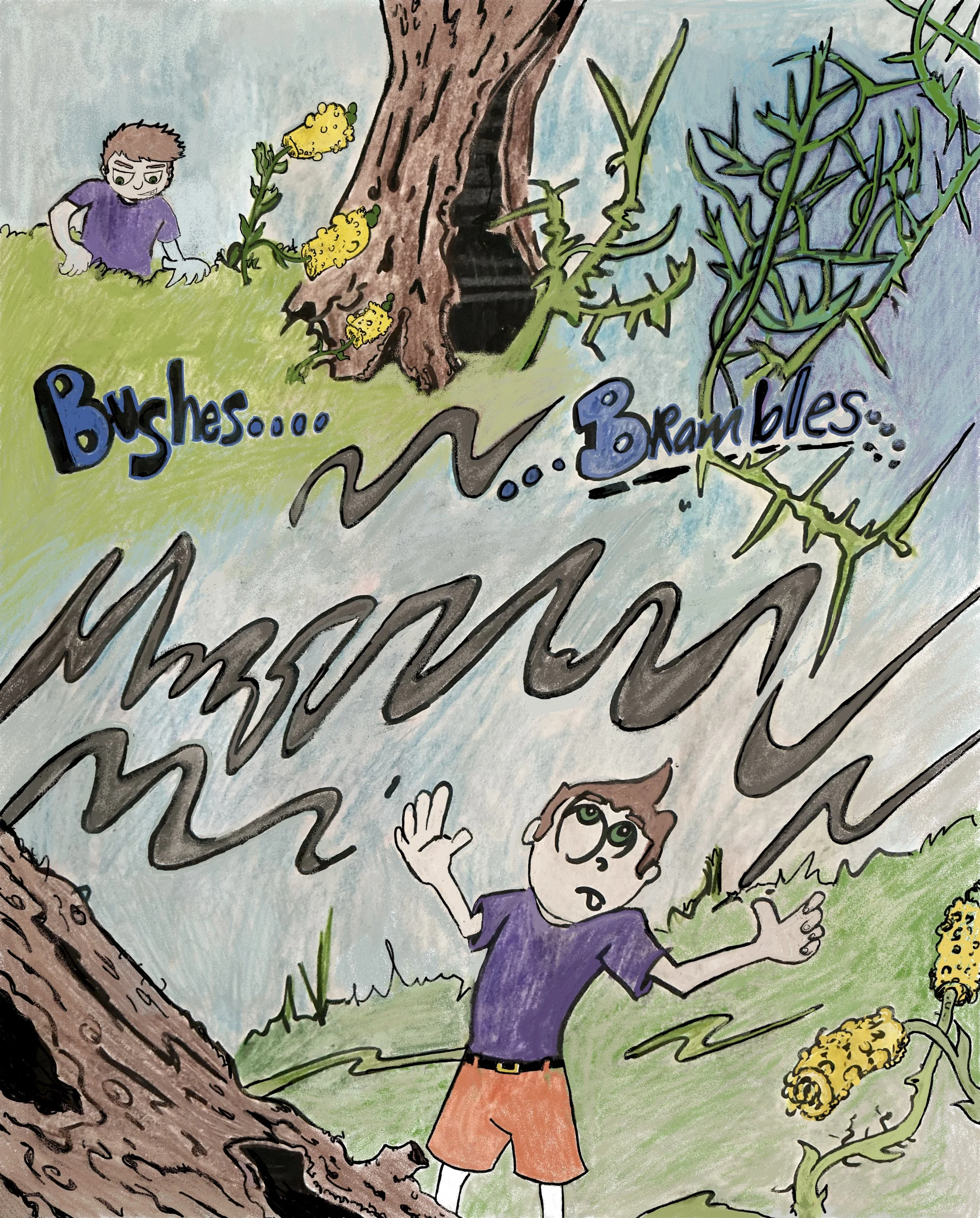 A cartoon-style illustration of a person with glasses and a purple shirt, looking up at a tall tree with bushes and branches around. The person has one hand raised as if pointing or waving.