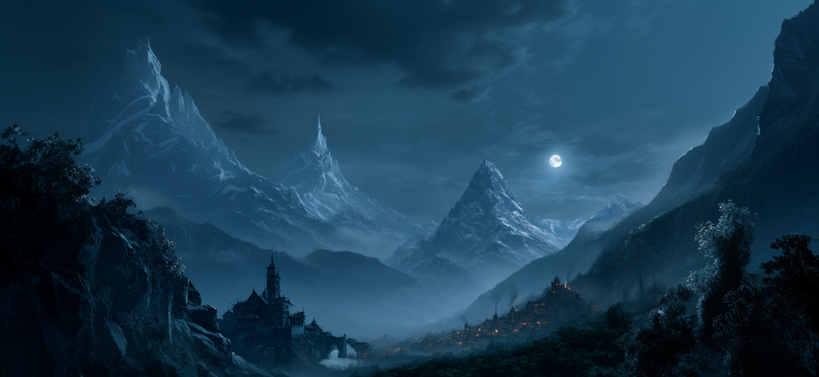 Night view of snow-capped mountains with a full moon, a castle on a hill, and a village with illuminated houses.