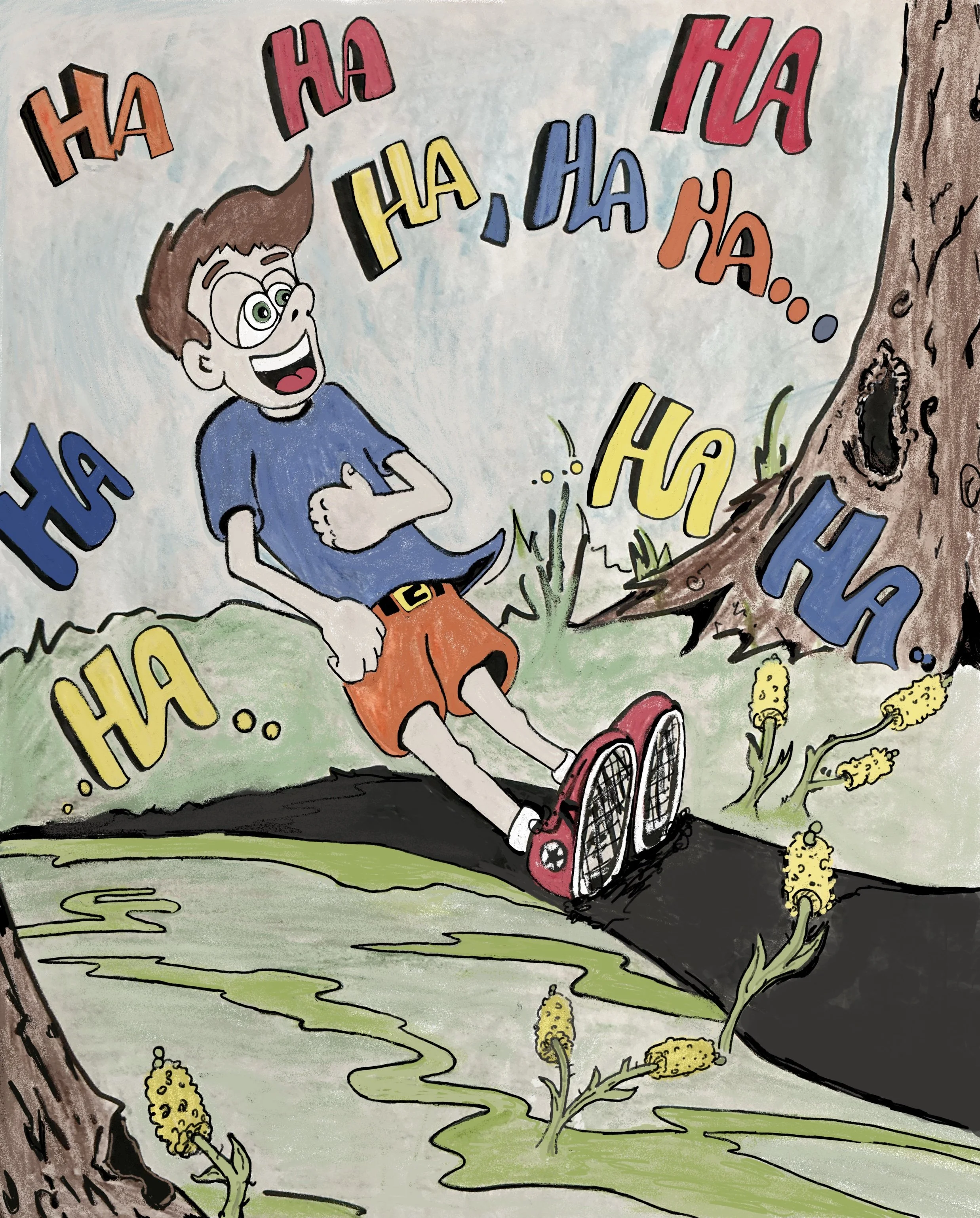 A cartoon drawing of a young boy with glasses, brown hair, and orange shorts riding a red skateboard on a dirt path surrounded by green grass and yellow flowers. The boy is smiling and has his arms crossed. There are numerous colorful, bold text bubbles with the repeatedly written word 'Ha' scattered throughout the scene, suggesting laughter. A large tree trunk is visible on the right side of the image.