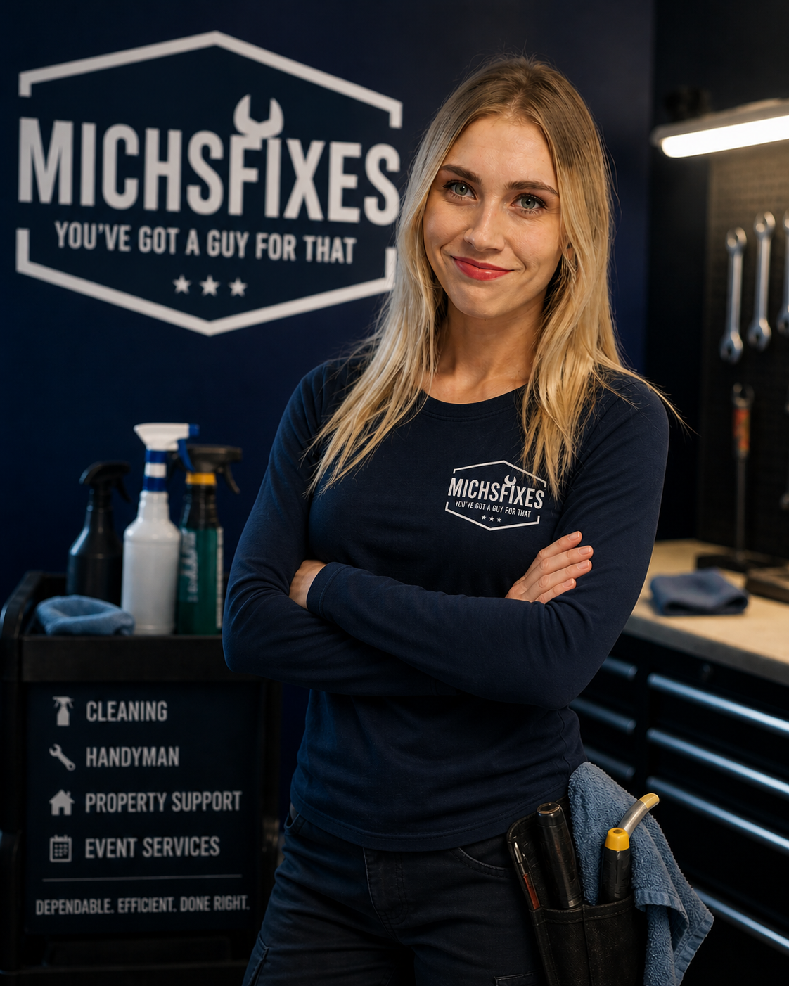 A woman with blonde hair smirking and crossing arms in a workshop with tools and cleaning supplies, wearing a dark blue shirt with a logo that says 'MICHS FIXES' and a slogan 'You've Got a Guy for That'.