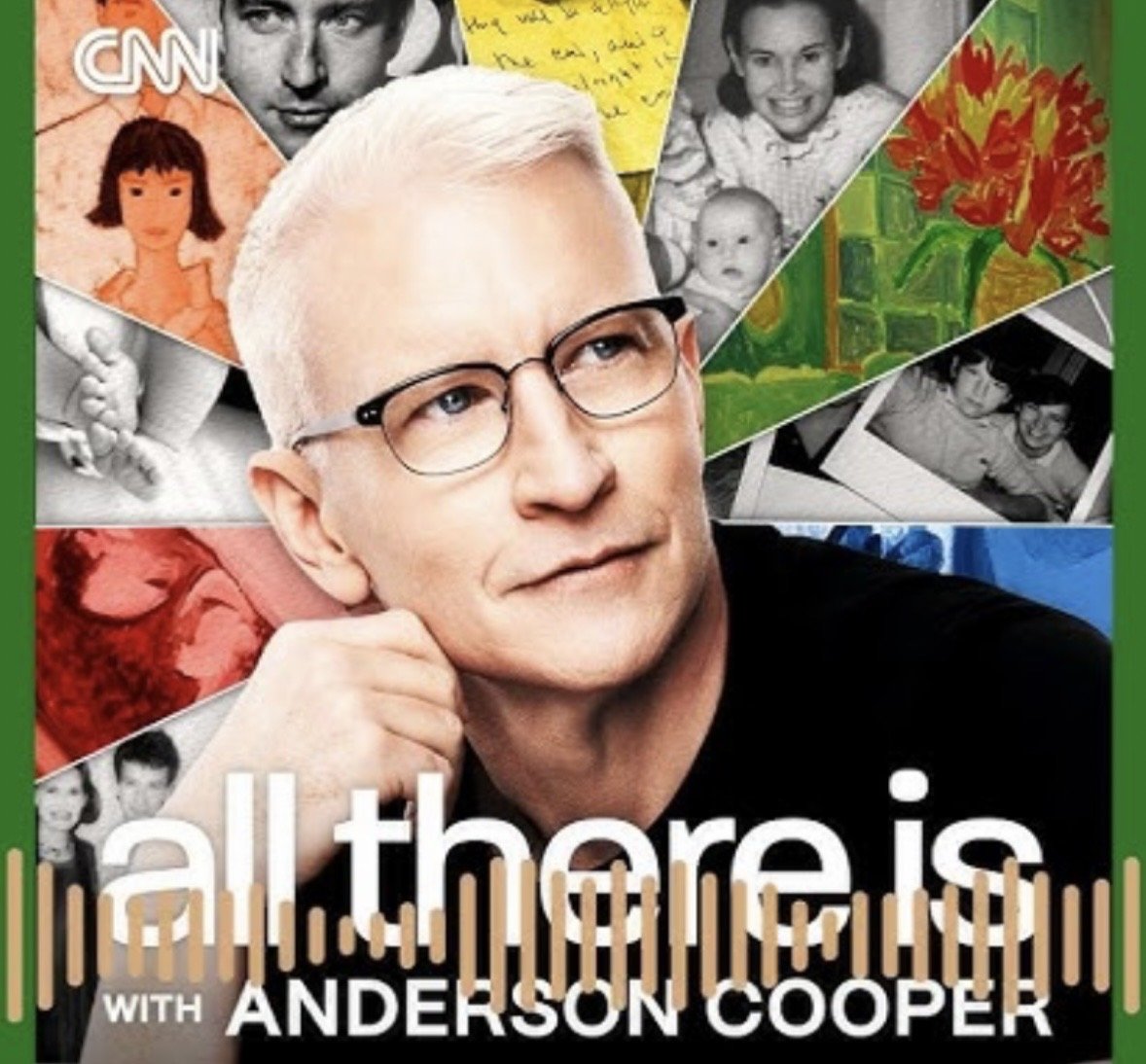 Close-up of Anderson Cooper's face with glasses, surrounded by a collage of childhood photos and family memories.