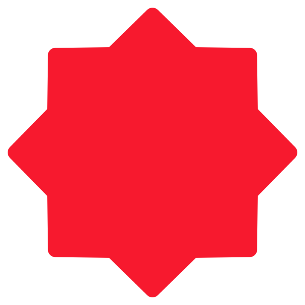 Red geometric shape with a star-like appearance and a bold black outline.