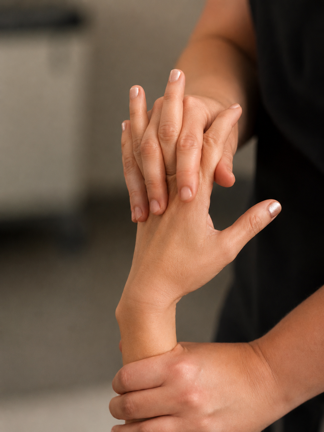 Close-up of two people holding hands, one with a darker skin tone and the other with a lighter skin tone, in an affectionate gesture.