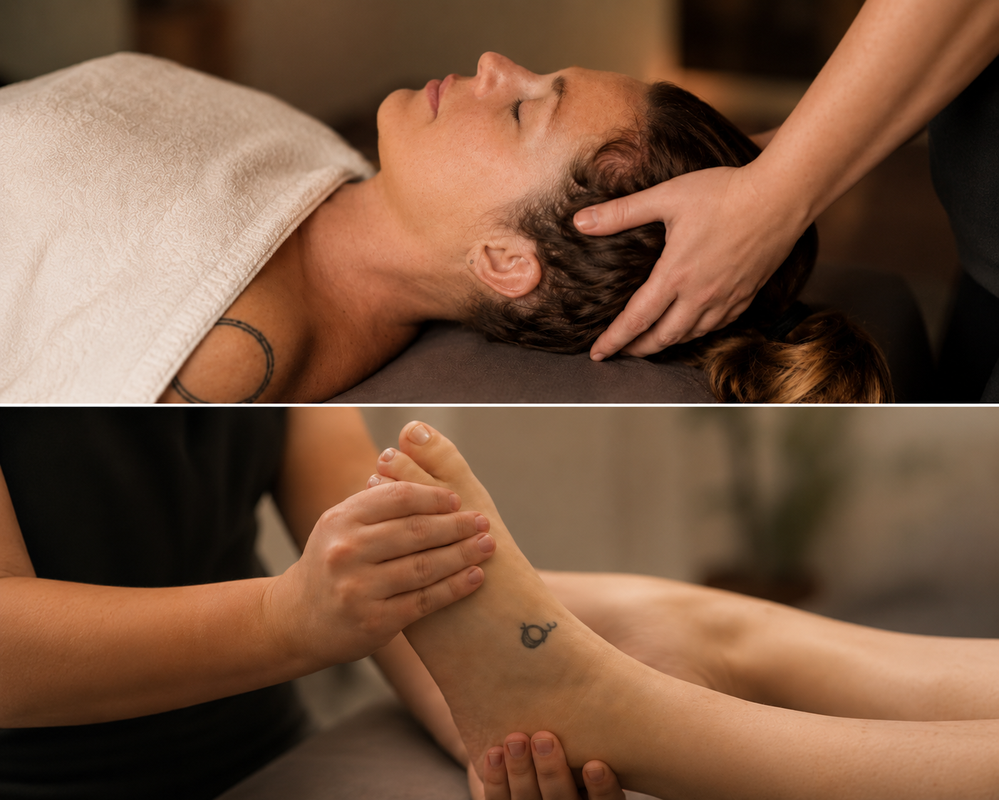 Person receiving a head massage and foot massage in a wellness or spa setting.