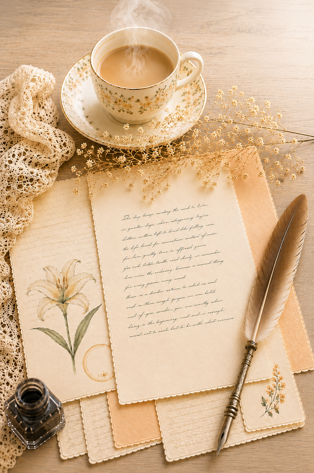 A cup of steaming coffee on a saucer, surrounded by vintage papers with handwritten text, a feather quill, dried flowers, a lace cloth, and an ink bottle on a wooden table.