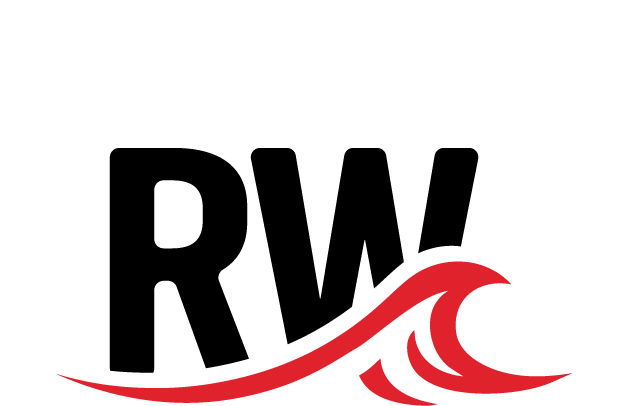 The image shows a stylized black silhouette of a person riding a wave on a surfboard with a red wave design at the bottom.