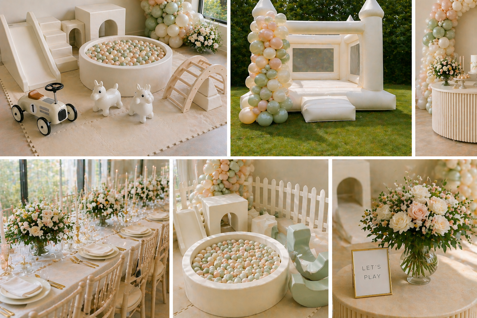 Decorations for a baby shower, including a small indoor ball pit with pastel-colored balls, white animal toys, playground equipment, and balloon columns with pastel balloons. Outdoor balloon backdrop, floral arrangements, a table with pink, white, and green balloons, chairs, candles, and floral centerpiece with a sign that says "Let's Play."