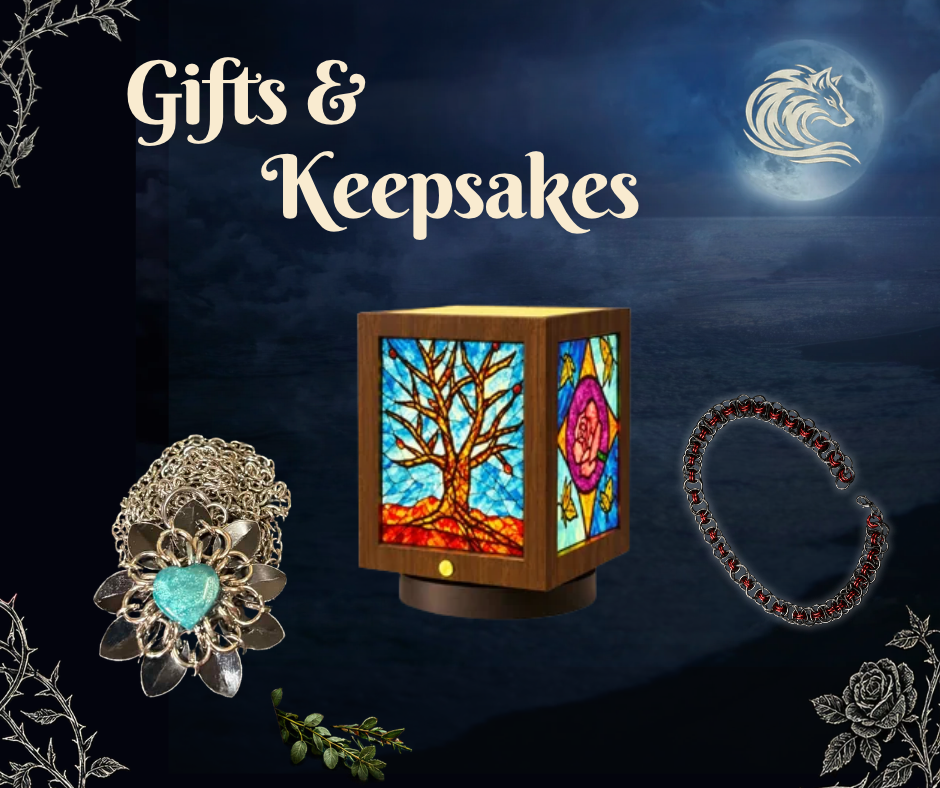 Gifts & Keepsakes Custom gifts and keepsakes including handmade jewelry, stained glass style lighting, personalized bracelets, and one-of-a-kind decorative pieces.