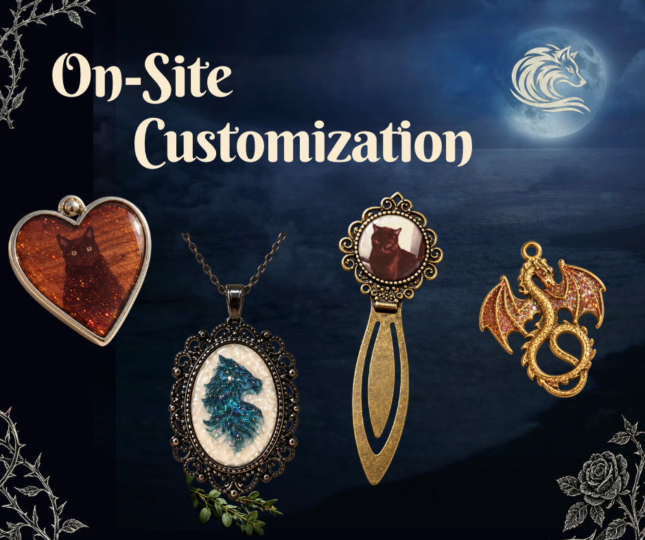 On-Site Customization Custom on-site personalization examples including photo jewelry, handmade pendants, bookmarks, and dragon-themed accessories.