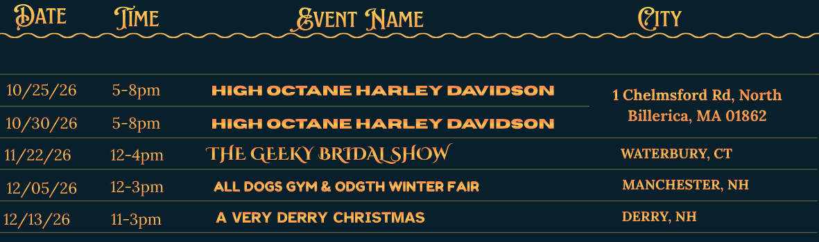A schedule of events including dates, times, event names, and locations such as Harley Davidson rides, a bridal show, dog gym and winter fair, and a Christmas event.