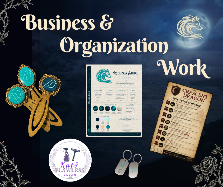 Business & Organization Work Custom business branding and organization products including logo design, brand sheets, event schedules, personalized bookmarks, and branded keychains.