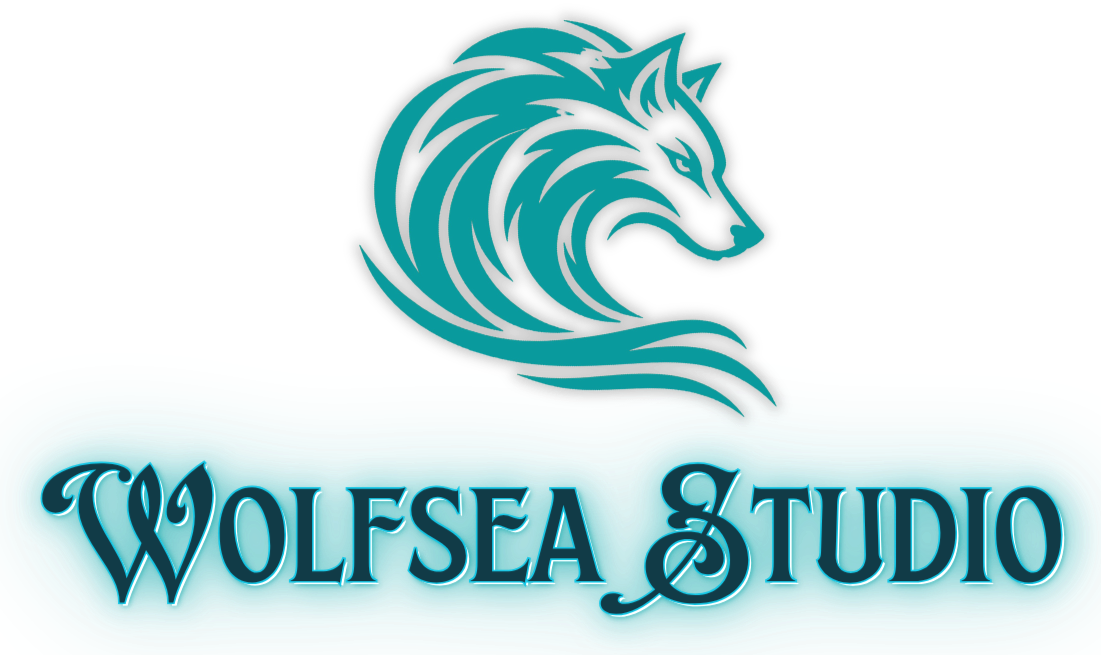 A logo for Wolfsea Studio featuring a stylized wolf's head with a flowing mane above the text 'Wolfsea Studio' in a decorative font, with blue and black colors and a wave-like background.