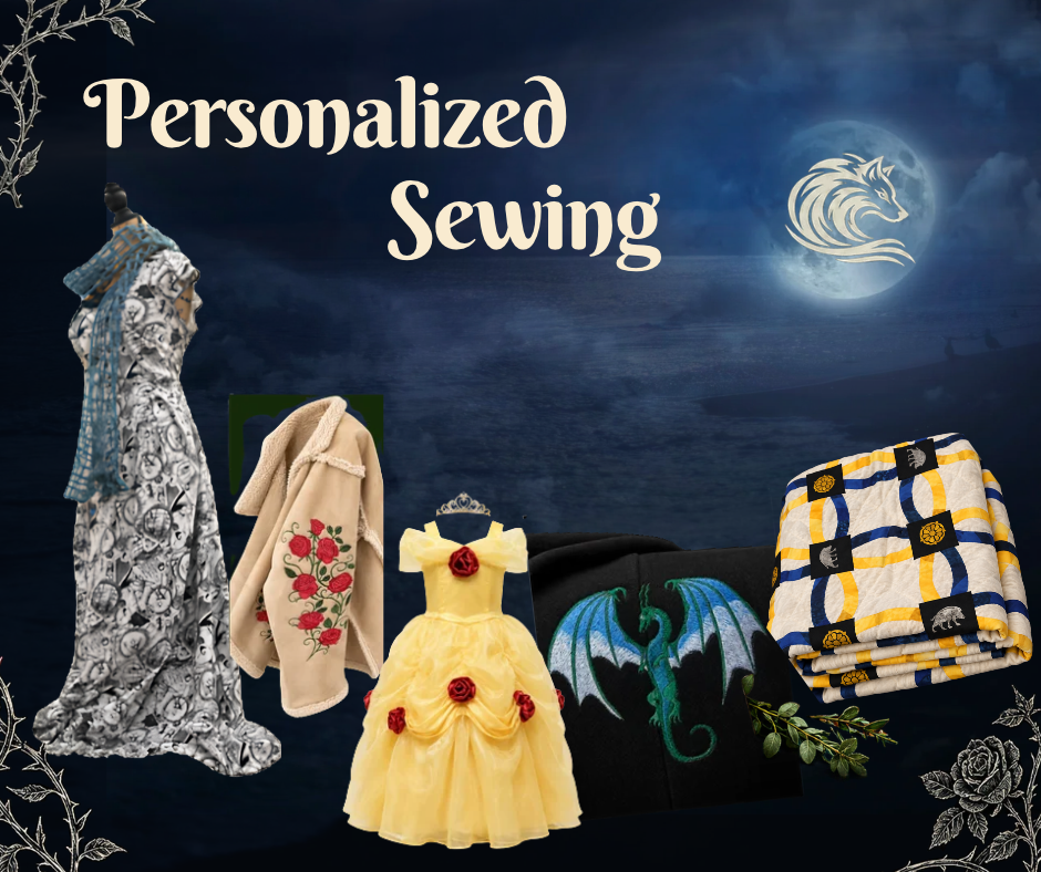 Personalized Sewing Custom sewing and embroidery examples including personalized dresses, embroidered clothing, handmade apparel, scarves, and custom quilts.