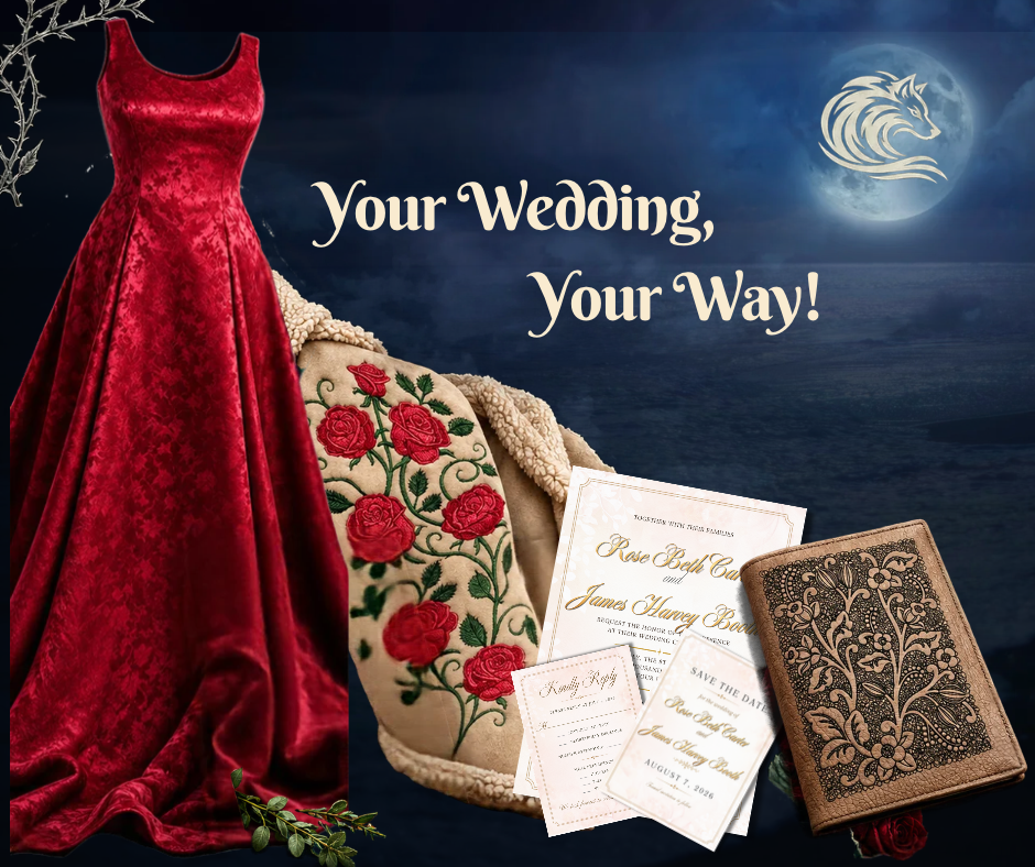Custom wedding package featuring a red formal dress, embroidered rose shawl, personalized wedding invitations, save-the-date cards, and a custom keepsake book.