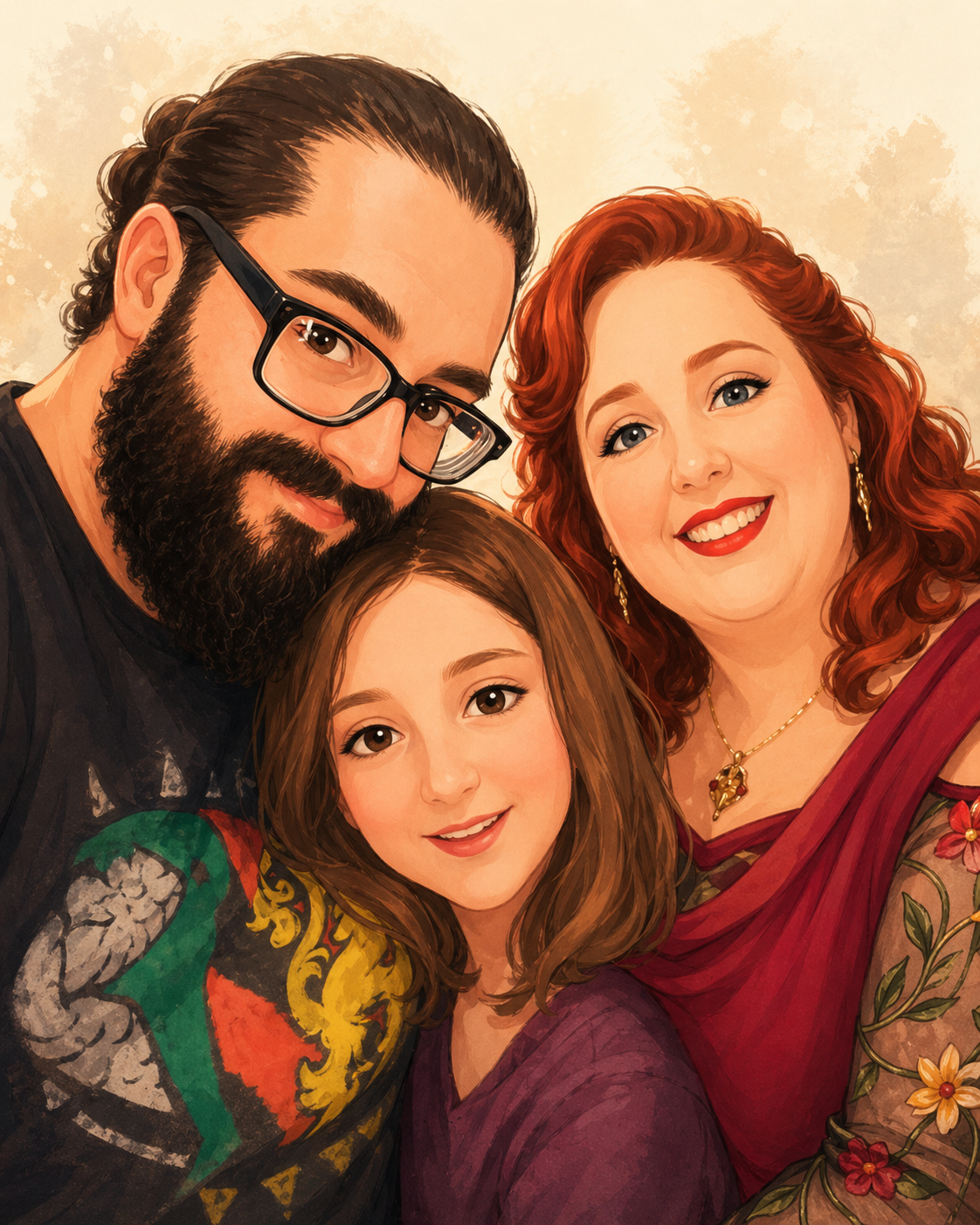 A digital painting of a family of three, a man with glasses and a beard, a woman with red hair, and a young girl with brown hair, smiling and close together.