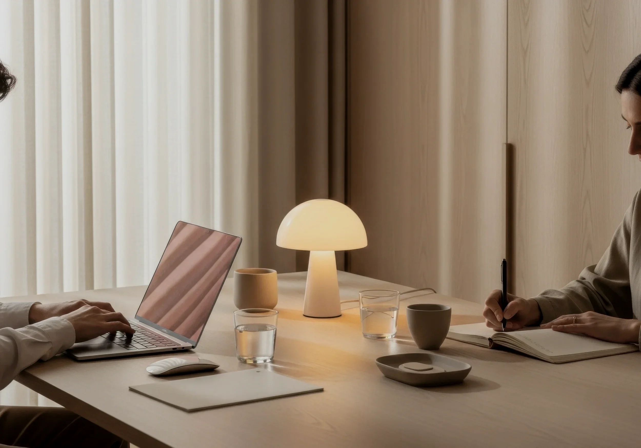 People working on laptops at a wooden dining table with cups, glasses of water, a notebook, and a modern table lamp in a bright room with beige curtains.