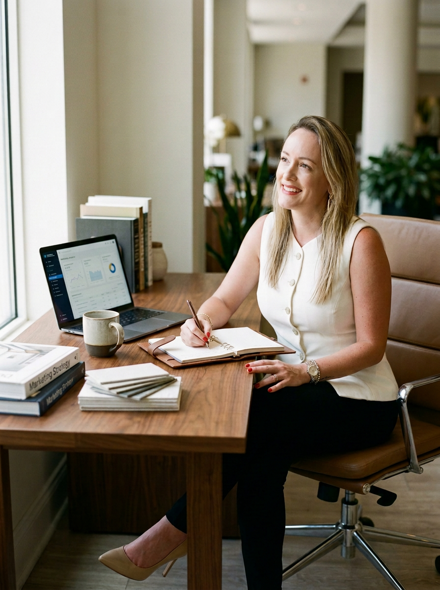 A woman sitting at a wooden desk, smiling and writing in an open notebook, with a laptop displaying charts nearby, in an office or conference room.