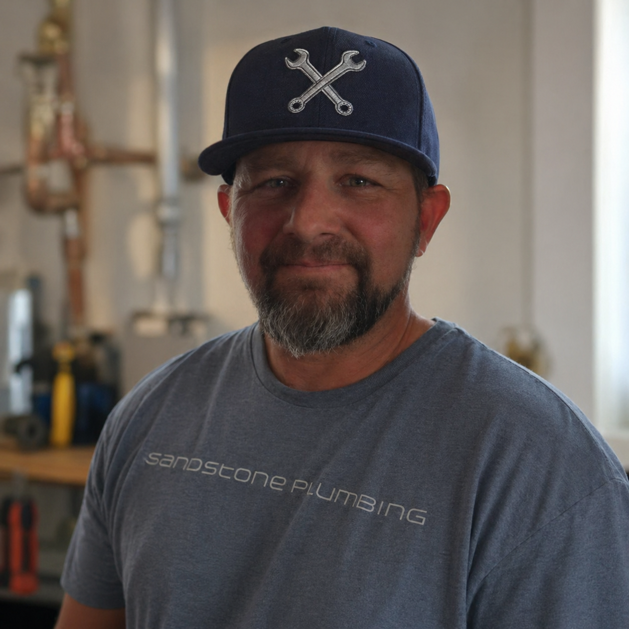 A middle-aged man with a beard and mustache wearing a blue baseball cap with crossed wrenches embroidery and a gray t-shirt that reads 'Sandstone Plumbing', standing inside a workshop or garage with tools and equipment in the background.