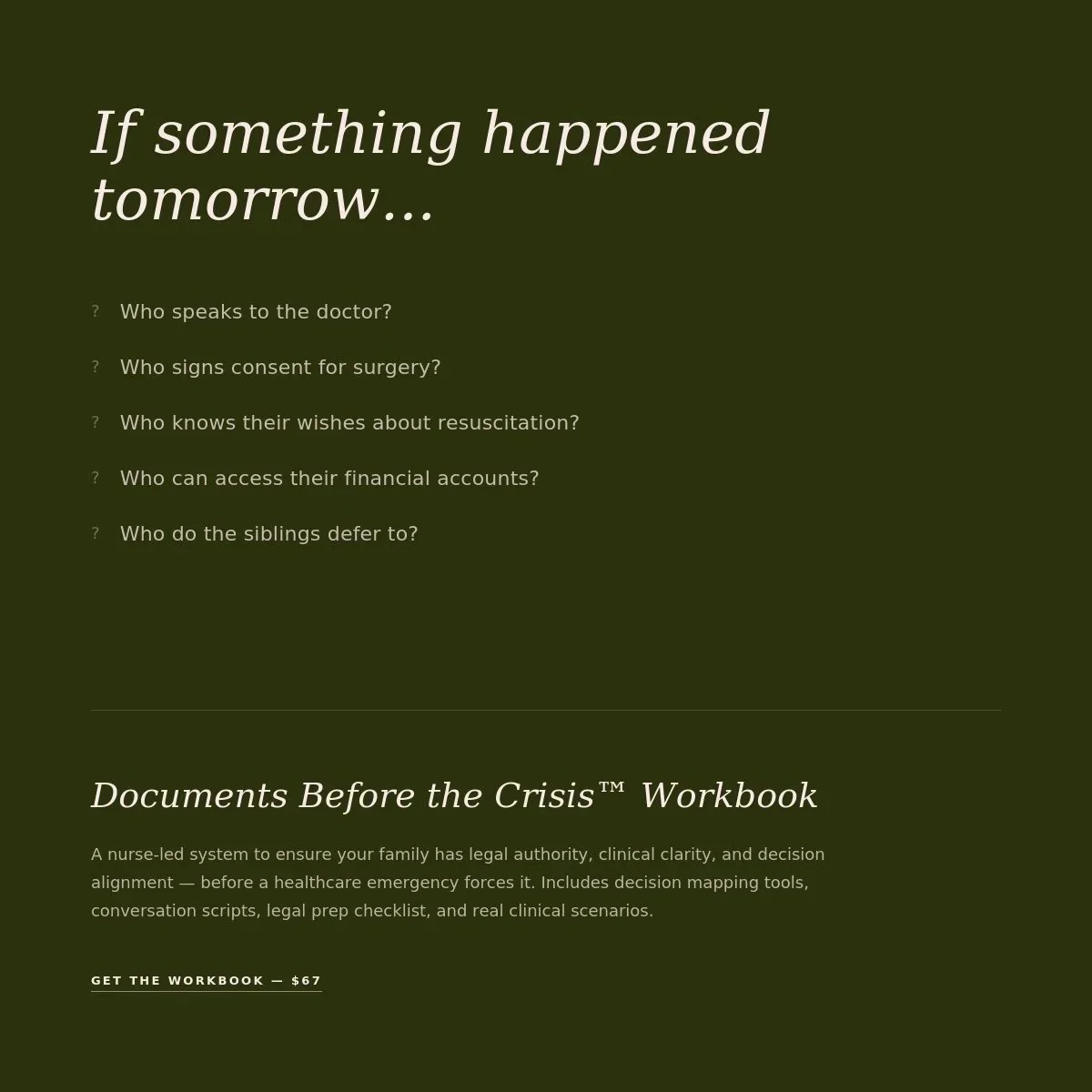 Green cover page for 'Documents Before the Crisis' Workbook with questions about medical and legal decisions before emergencies, featuring title and description.