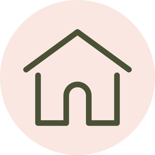 Icon of a house with a peaked roof and open doorway on a light pink circular background.