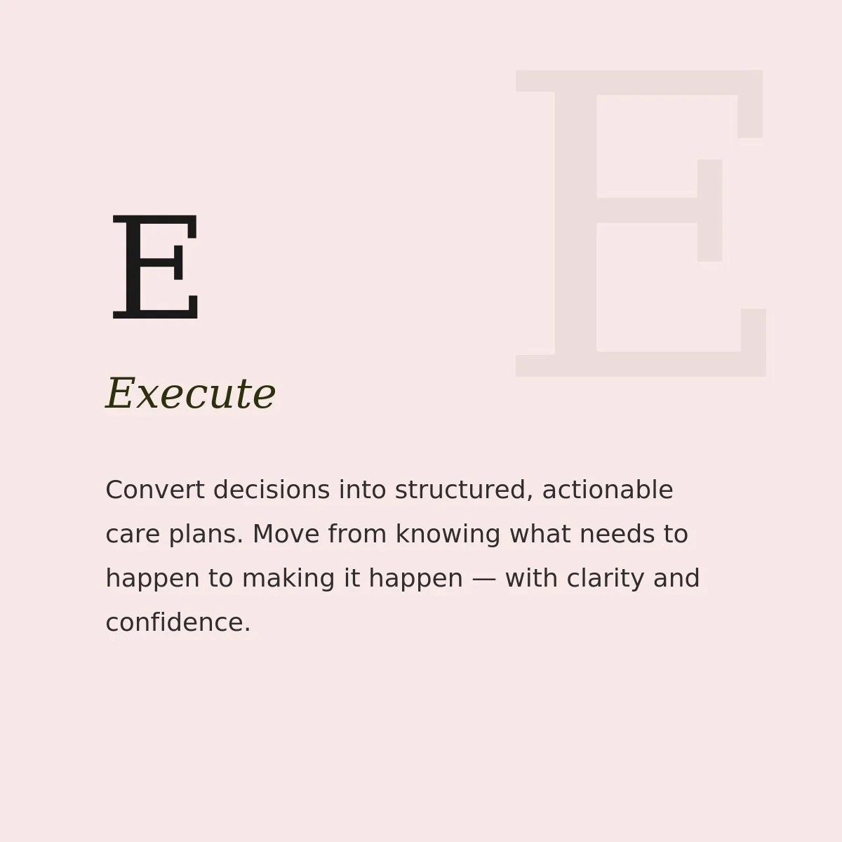 An educational graphic with a large letter 'E' and the word 'Execute' beneath it, explaining how to convert decisions into structured care plans with clarity and confidence.