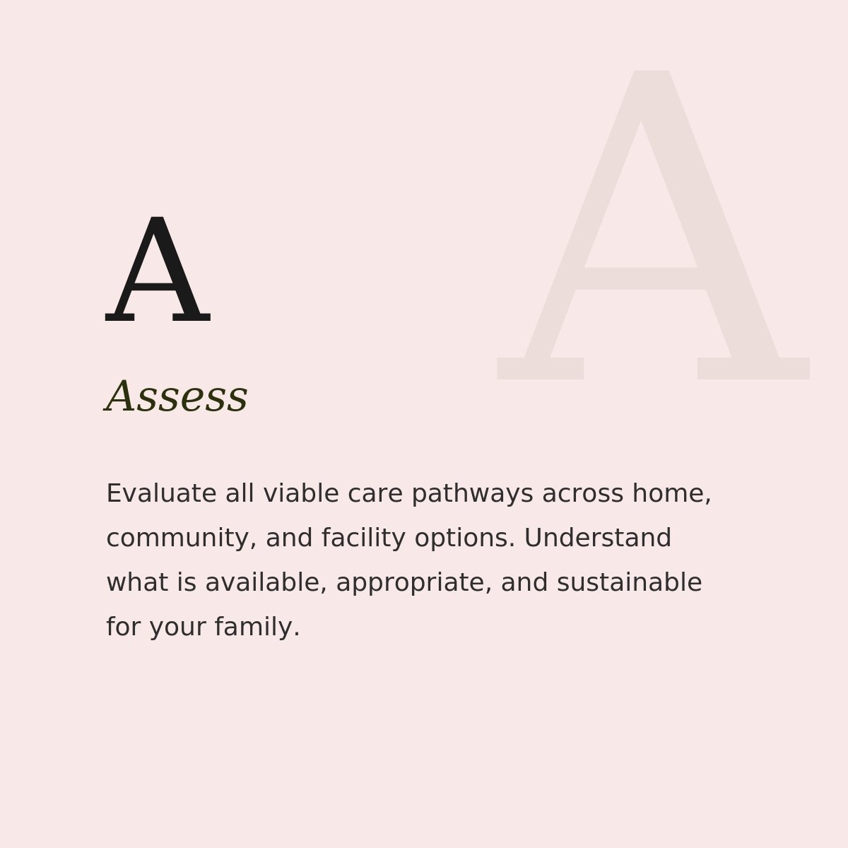 A display of the letter A with the word Assess below it, and a description about evaluating viable care pathways across home, community, and facility options for families.