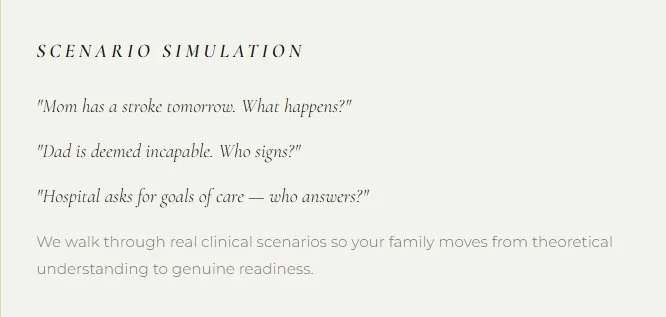 Text titled 'Scenario Simulation' with quotes about family health and medical scenarios, and a brief explanation about clinical scenarios for families.