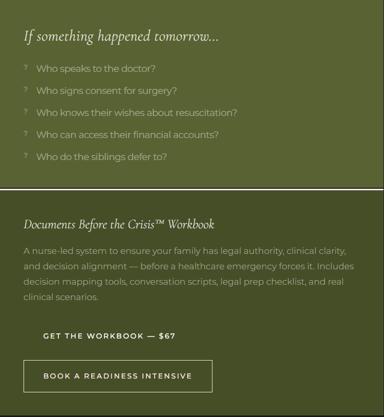 A green informational flyer with white and light green text, asking questions about medical decision-making and describing a healthcare preparedness workbook for families. It includes a call-to-action button for purchasing the workbook.
