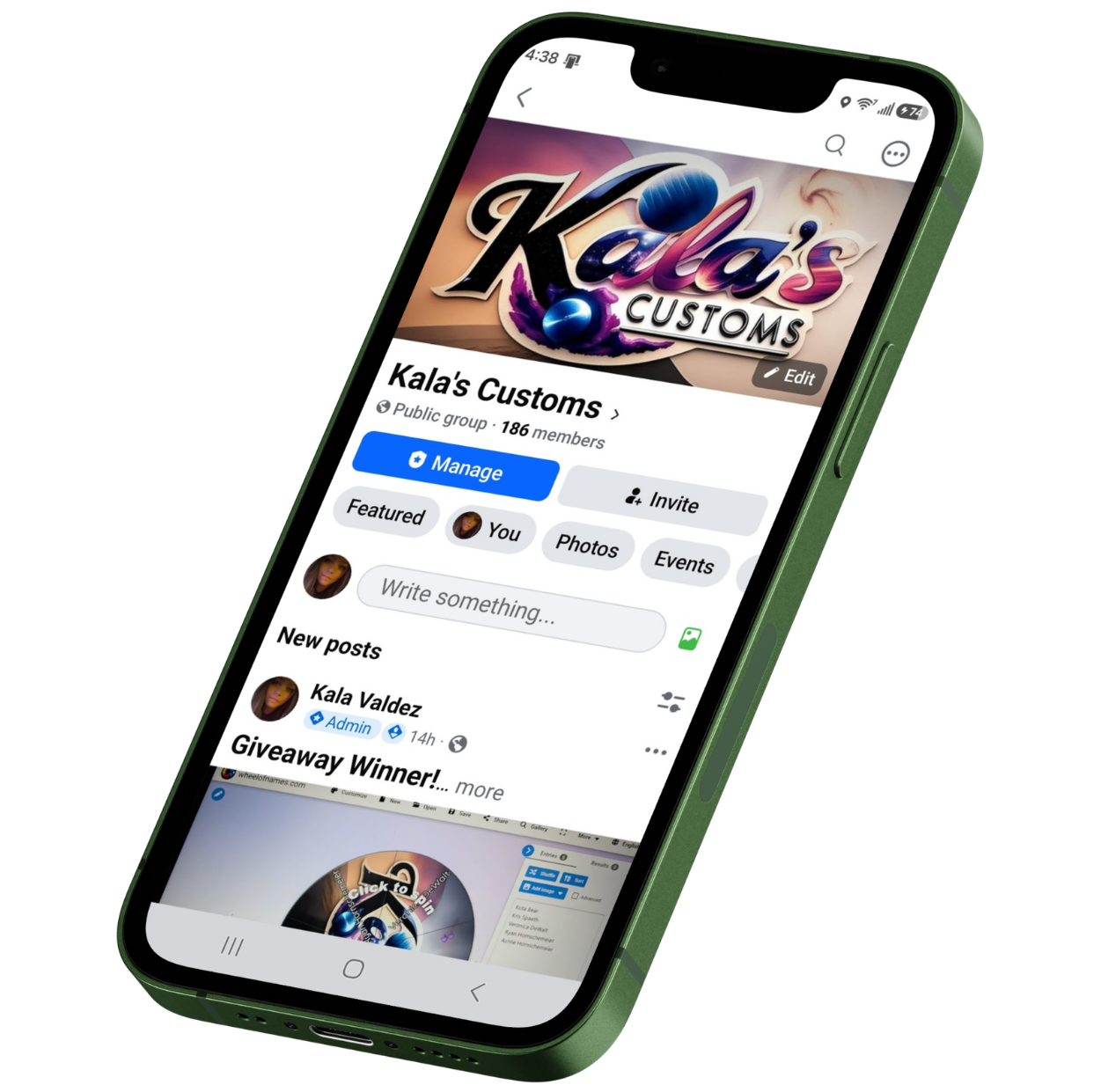 A smartphone screen displaying a Facebook group page titled 'Kala's Customs', featuring the group's cover photo with the logo 'Kala's Customs' in stylized text and graphics, along with group details and posts.