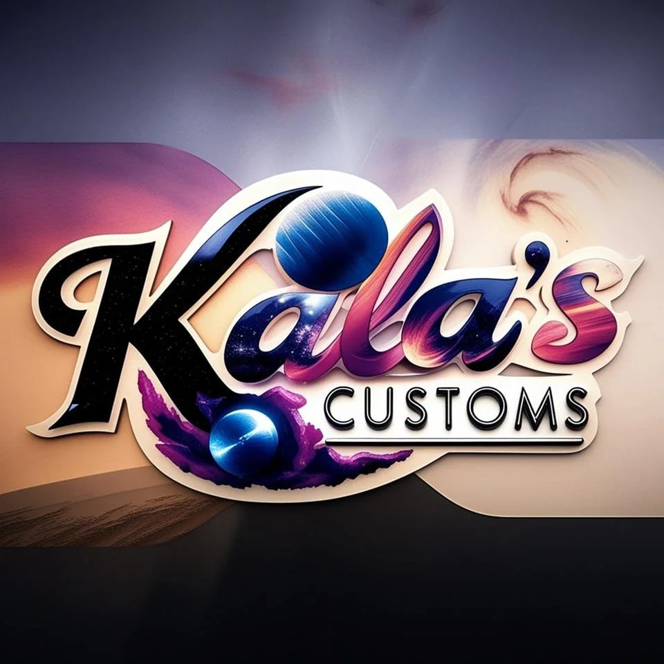 Sign for Kalas Customs with colorful 3D text and abstract background elements.