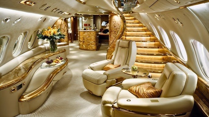 Luxury private jet interior with plush recliner seats, a staircase, and gold accents.