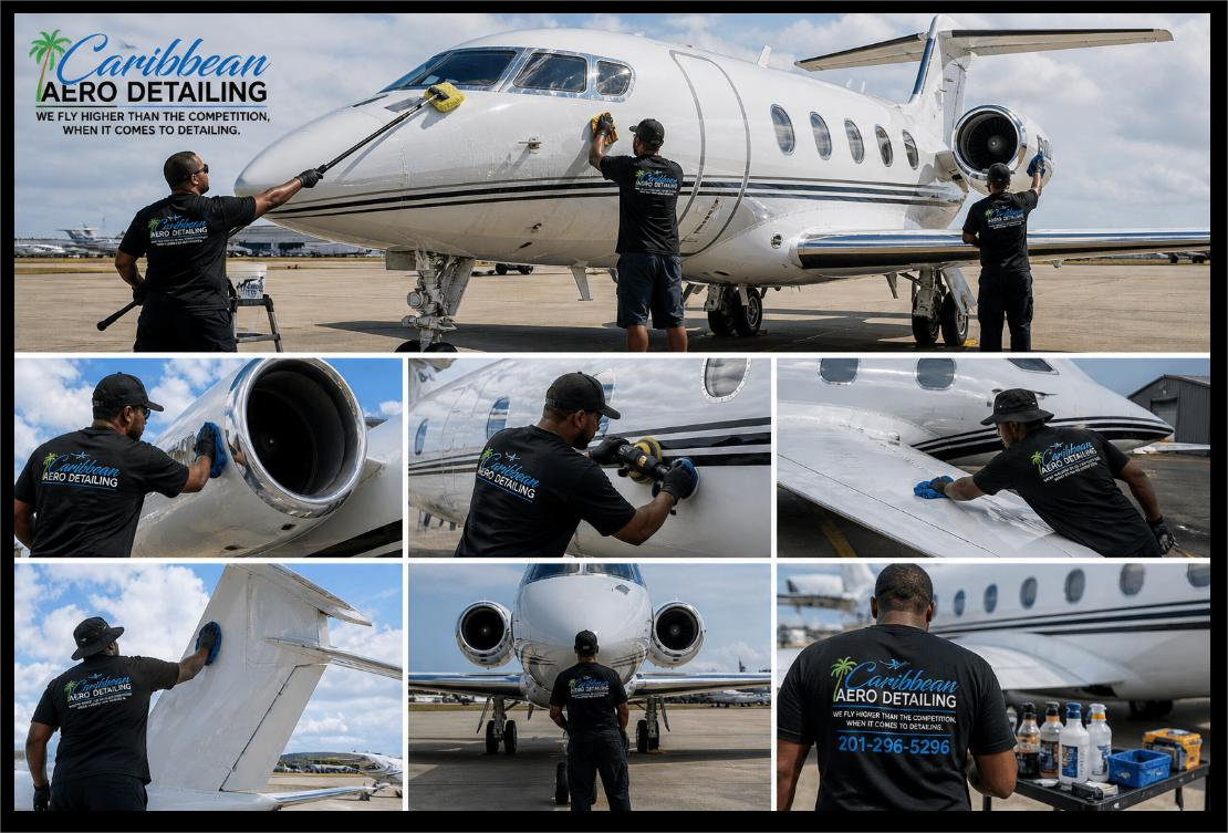 Aerospace mechanics working on a private jet at an airport, cleaning and detailing the aircraft's exterior.
