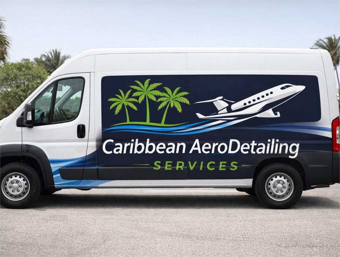 Van with Caribbean AeroDetailing SERVICES logo, featuring palm trees, a seaplane, and water waves, on a coastal background with palm trees and blue sky.