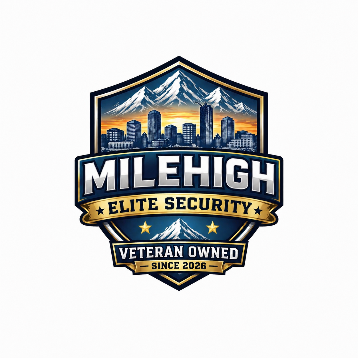 A badge featuring a mountain range and city skyline with sunrise, with the text 'MILEHIGH ELITE SECURITY', 'VETERAN OWNED', and 'SINCE 2026'.