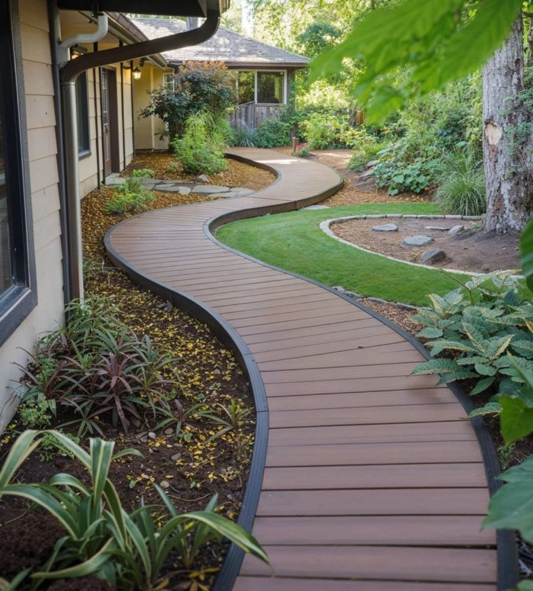 Curved brown composite boardwalk pathway through a landscaped backyard, creating a clean and safe outdoor walkway.