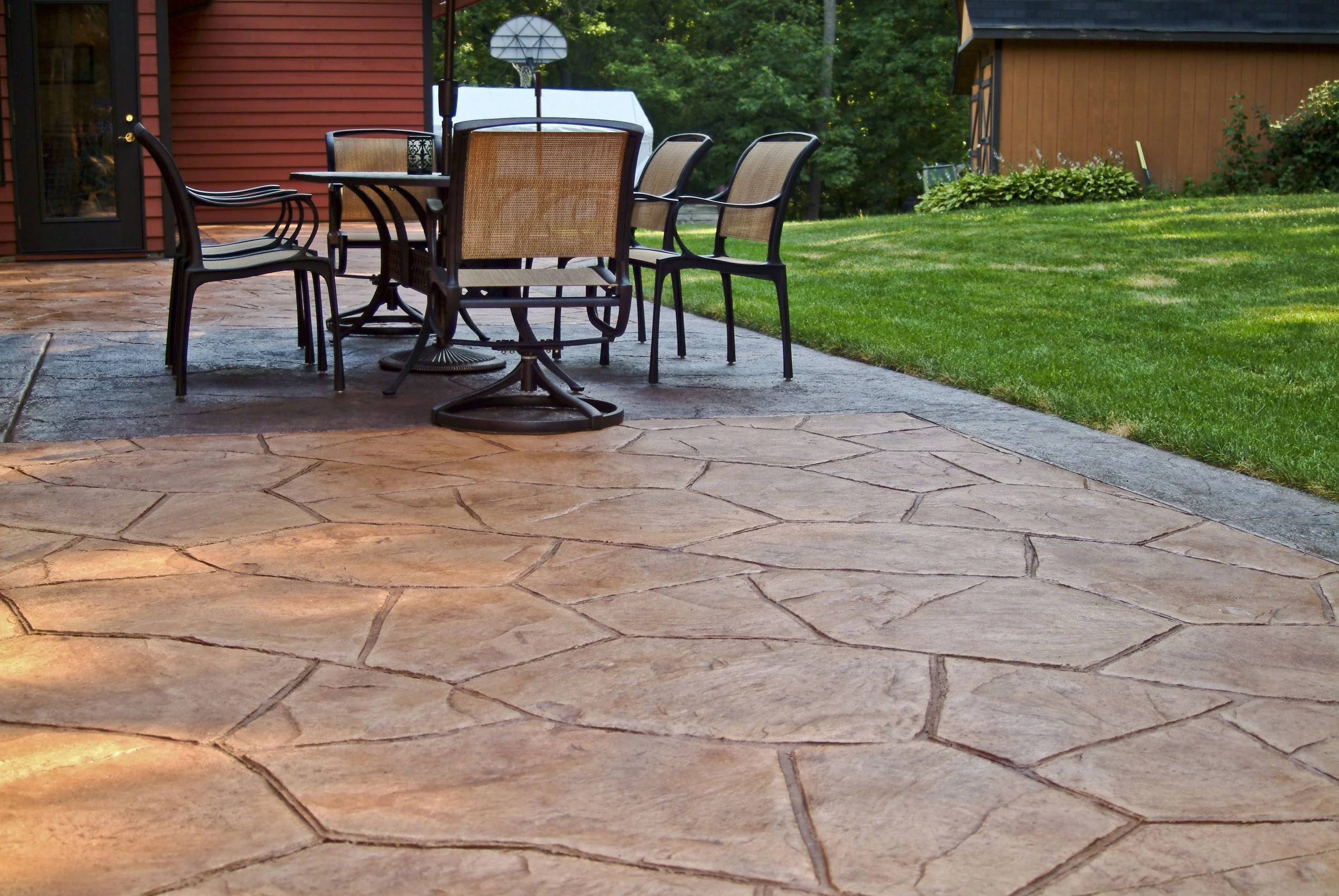 stamped and dyed concrete patio with border