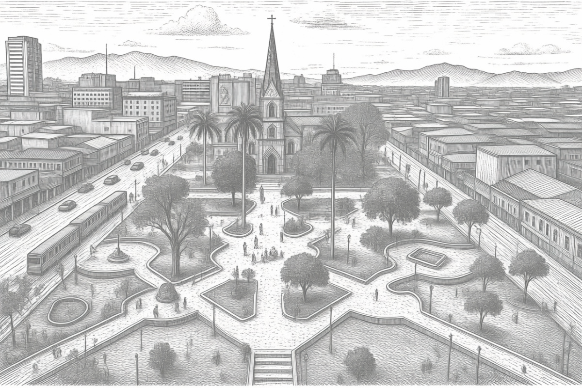 Black and white sketch of a cityscape with a church, trees, a park, and surrounding buildings, mountains in the background, and a street with cars and buses.
