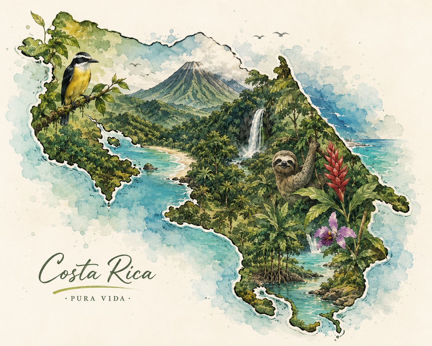 Illustration of Costa Rica's landscape with mountains, waterfalls, rivers, lush green foliage, a bird, a sloth, and colorful flowers, with the text 'Costa Rica Pura Vida' at the bottom.