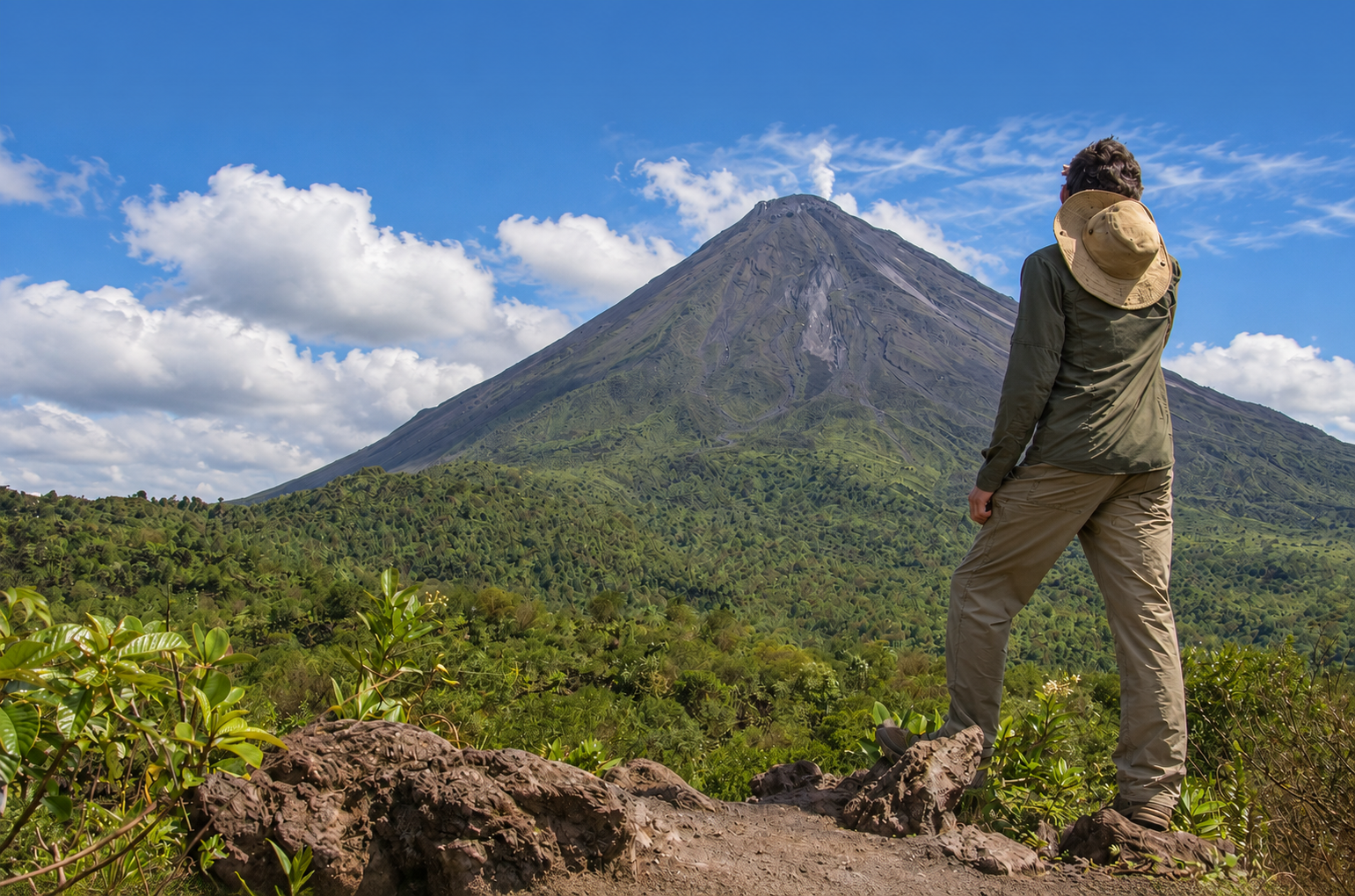A person standing on a trail overlooking a lush green landscape and a volcano erupting in the background, with smoke billowing from its summit.