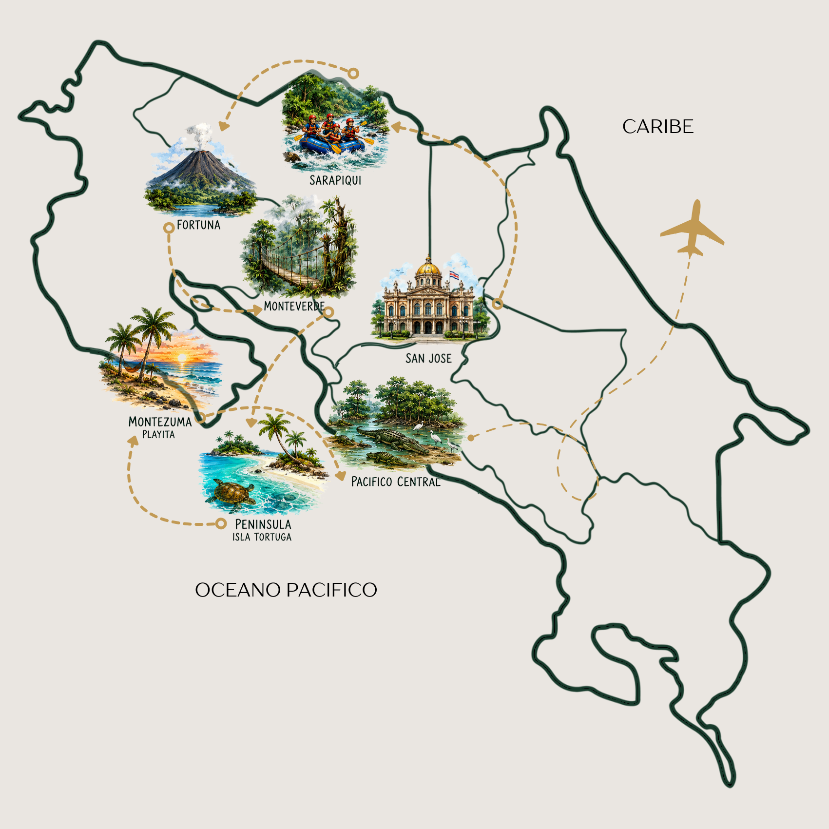 Map of Costa Rica showing major regions and attractions with illustrations of a volcano, white-water rafting, a suspension bridge, a government building, a beach at sunset, and a turtle on a small island.